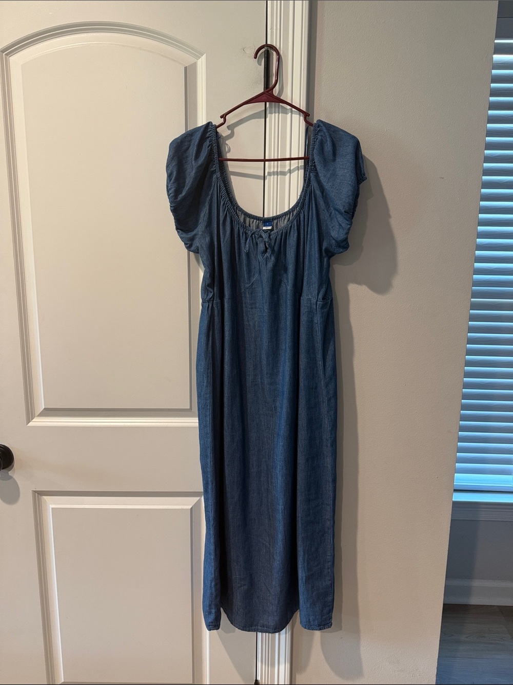 Old Navy Blue Denim-Style Gathered Neck Midi Dress